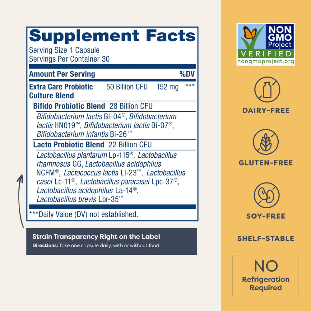 Renew Life Extra Care bottle back label with strain details.