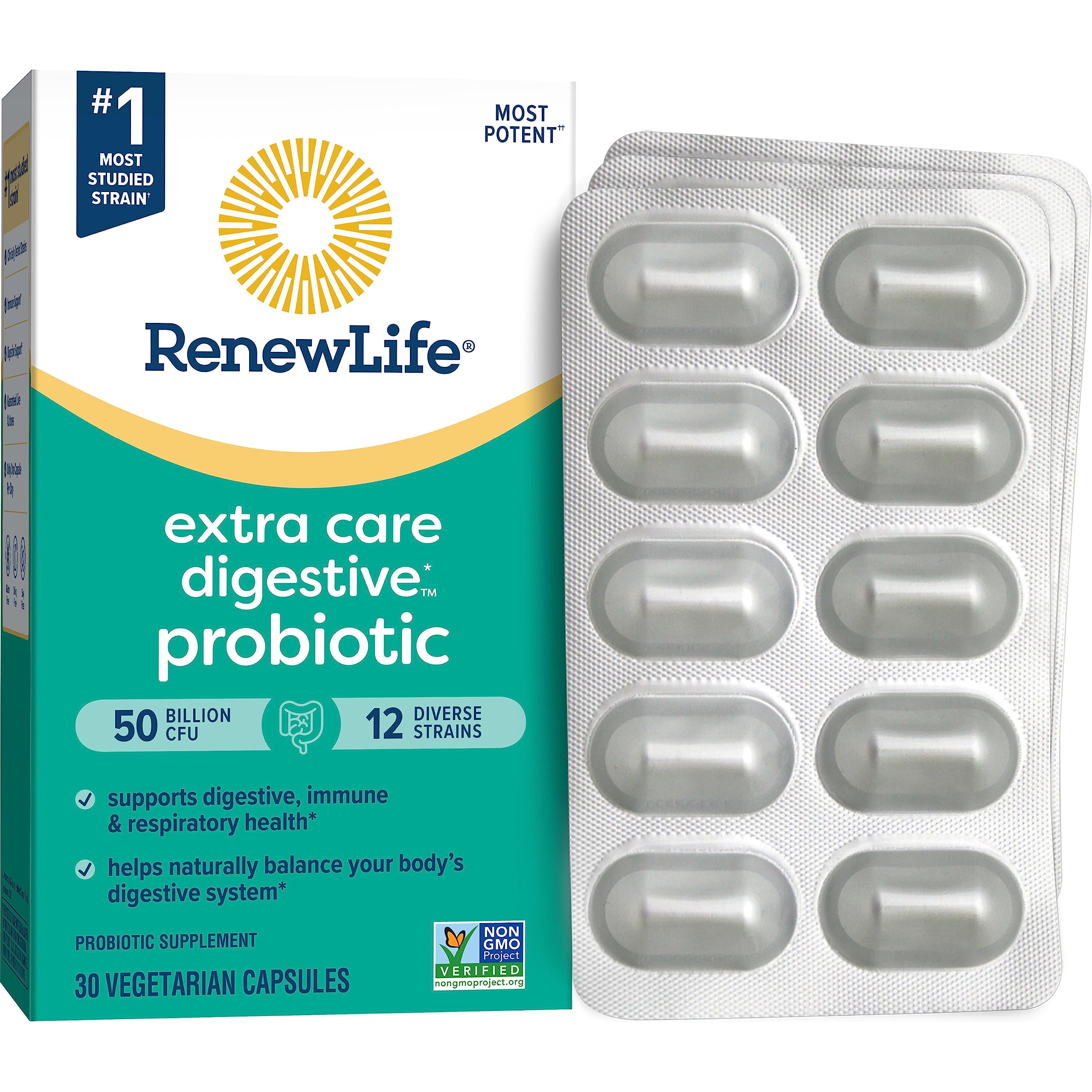 Renew Life Extra Care Go-Pack Probiotic bottle supports daily digestive comfort and immune health.