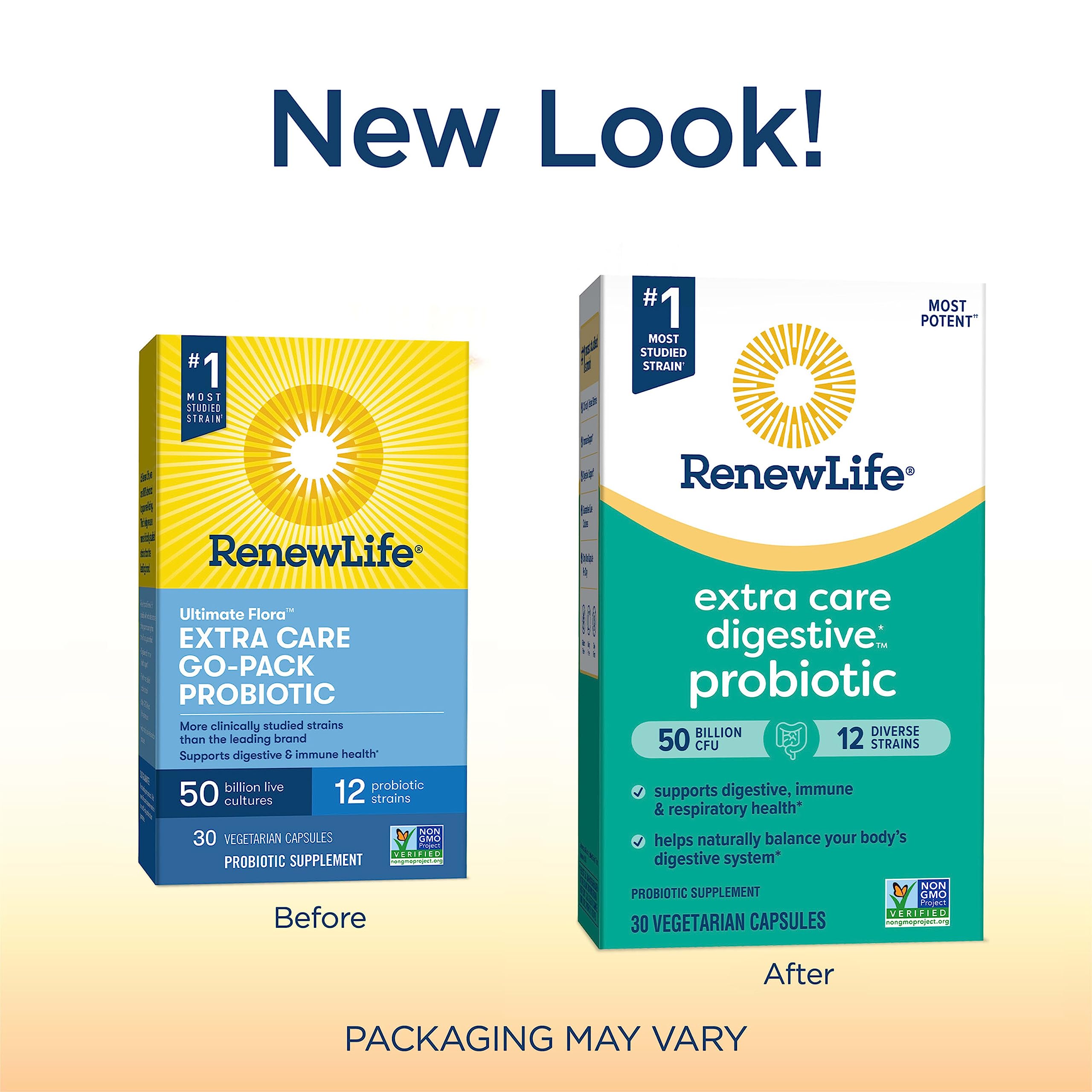 Renew Life Extra Care Go-Pack Probiotic capsules displayed for easy daily use.