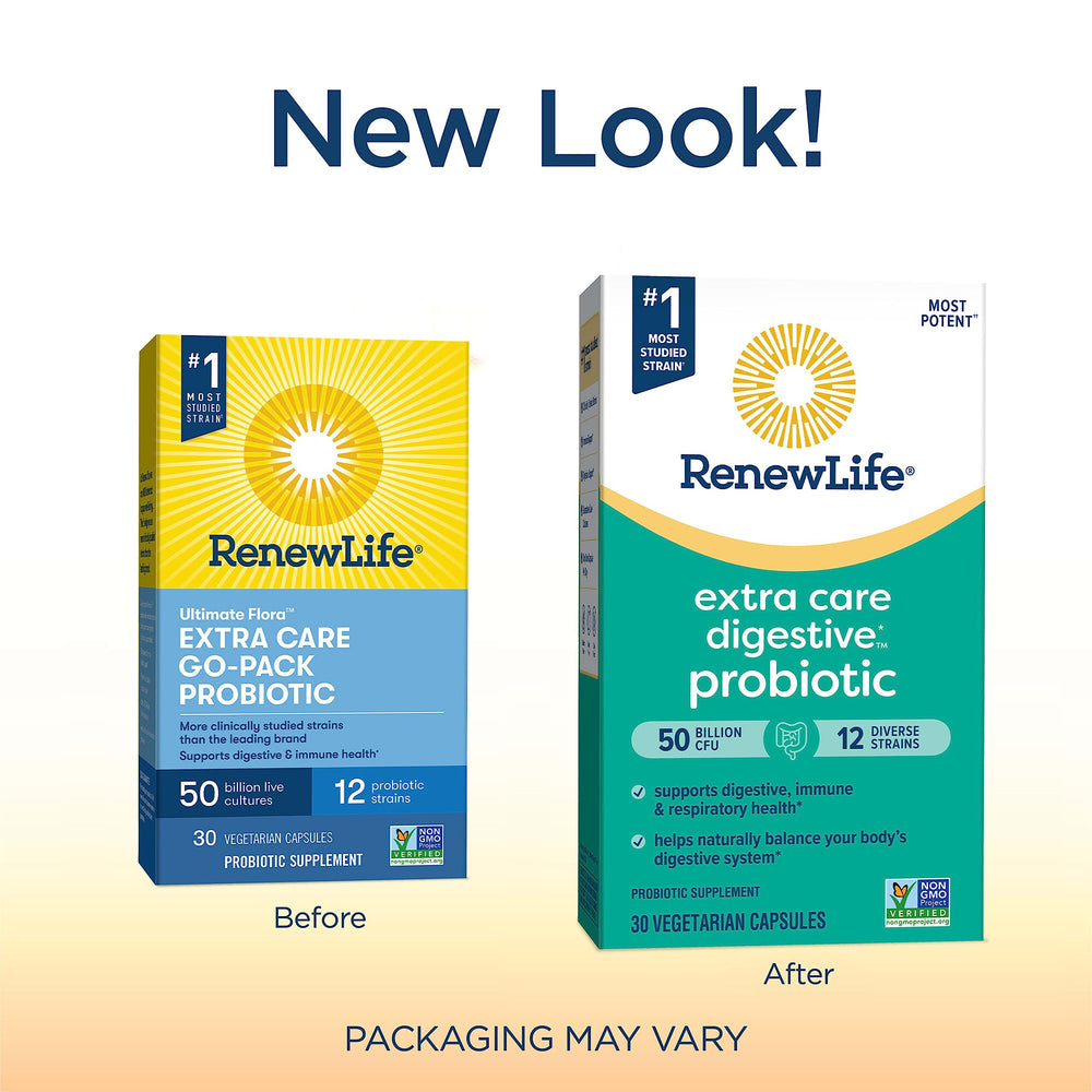 Renew Life Extra Care Go-Pack Probiotic capsules displayed for easy daily use.