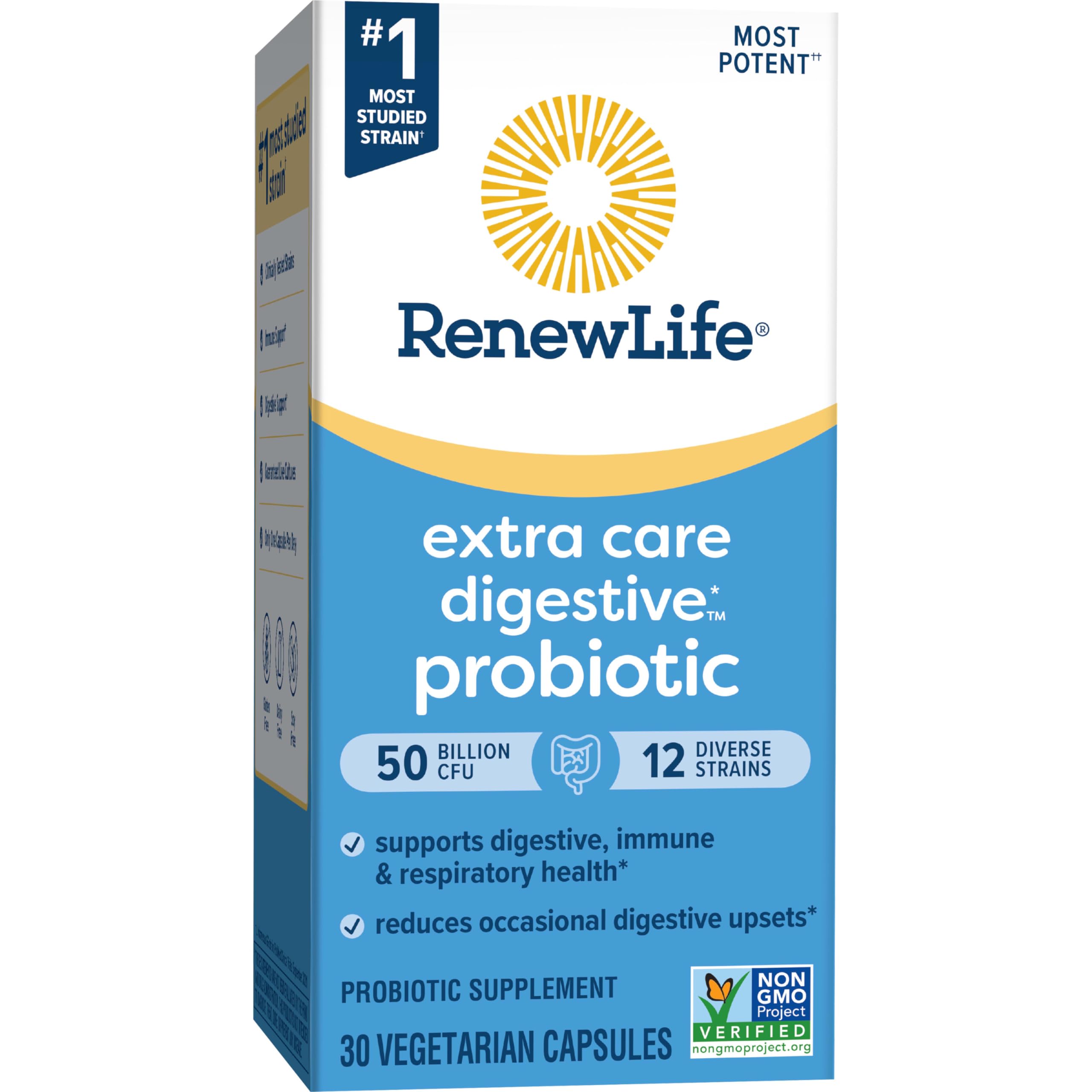 Renew Life Extra Care label highlights 12 diverse strains on front.