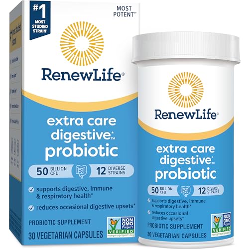 Renew Life Extra Care probiotic bottle stored in refrigerator guideline.