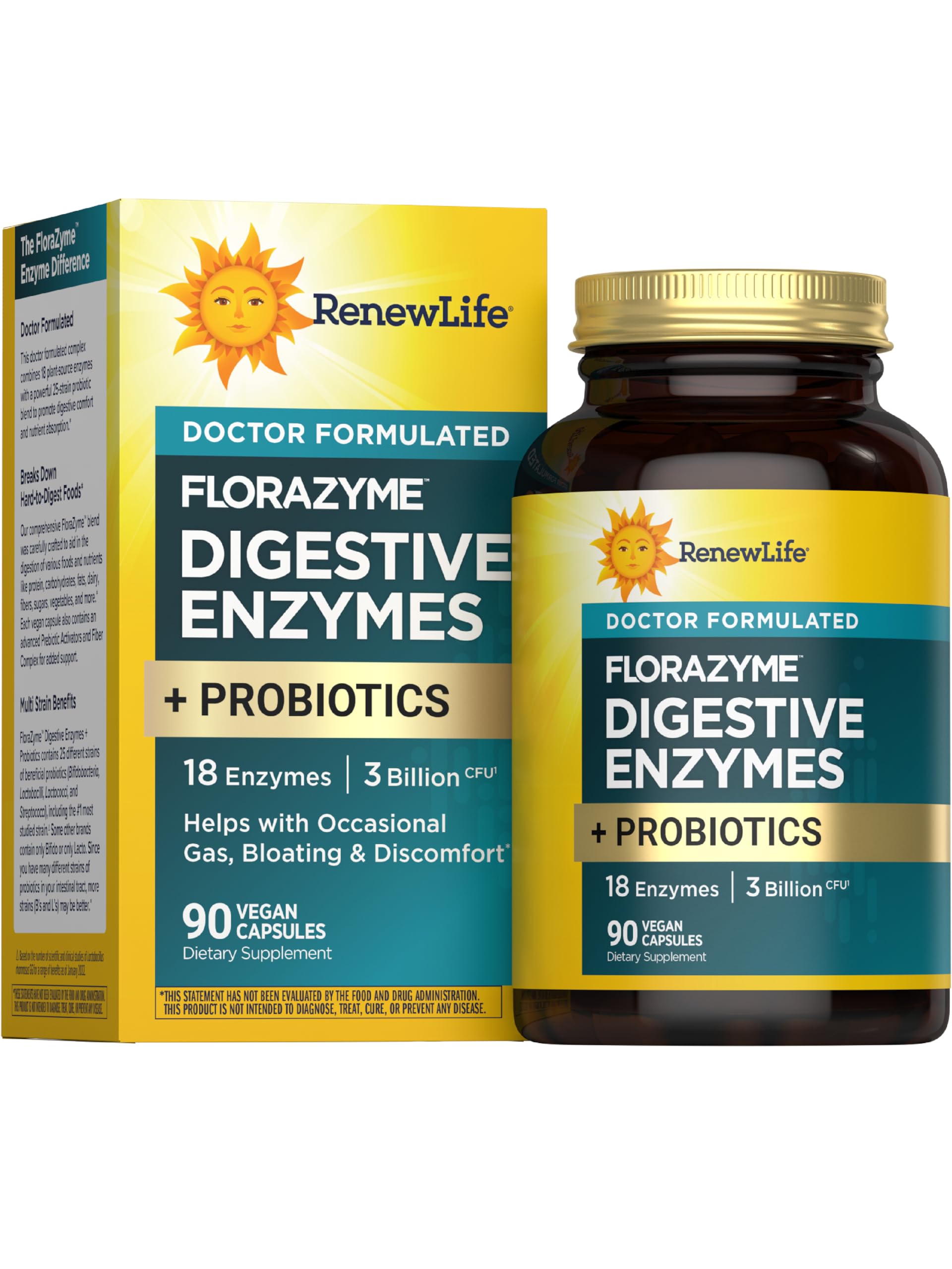 Renew Life Florazyme bottle showing enzymes and probiotics for digestive support.