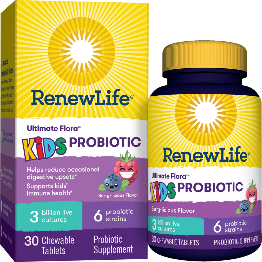 Renew Life Kids Probiotic berry chewable bottle promotes daily digestive balance for kids.