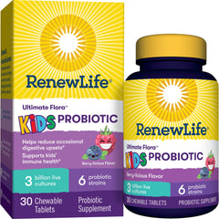 Renew Life Kids Probiotic berry chewable bottle promotes daily digestive balance for kids.