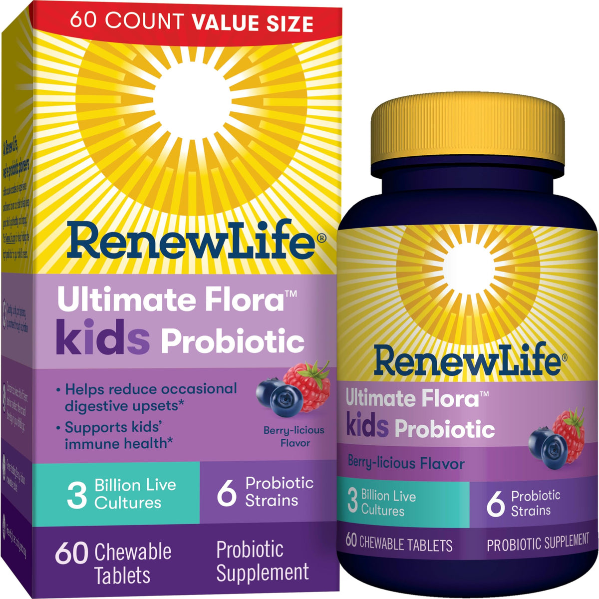 Renew Life Kids Probiotic berry bottle offers daily chewables for kids