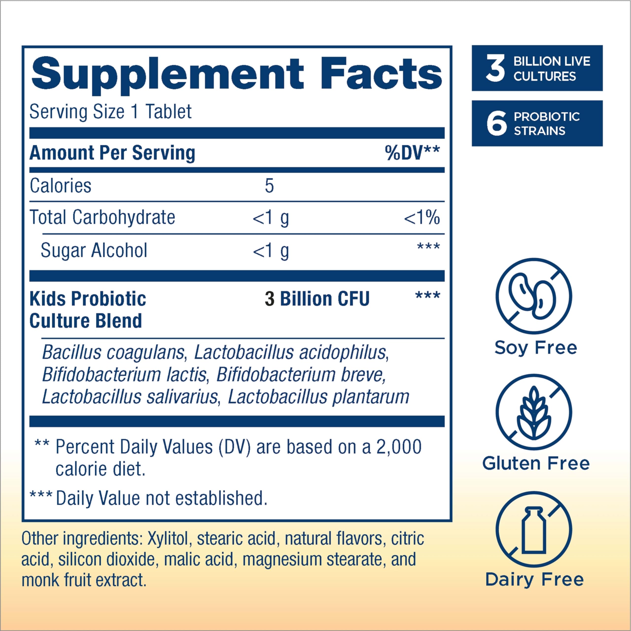 Renew Life Kids Probiotic six-strain blend on label supports diverse gut health benefits.