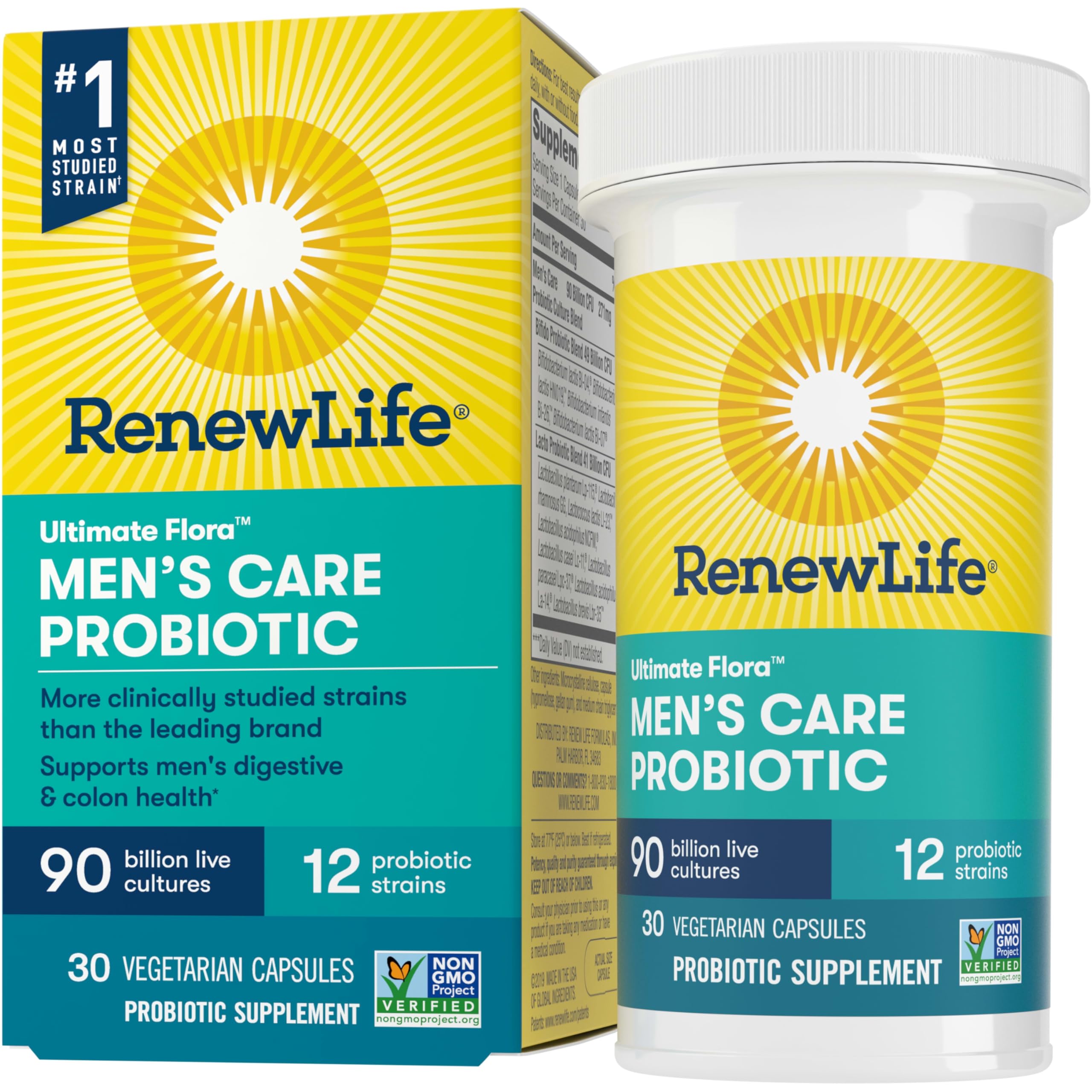 Renew Life Men's Care probiotic bottle front highlighting 90B CFU for gut balance.