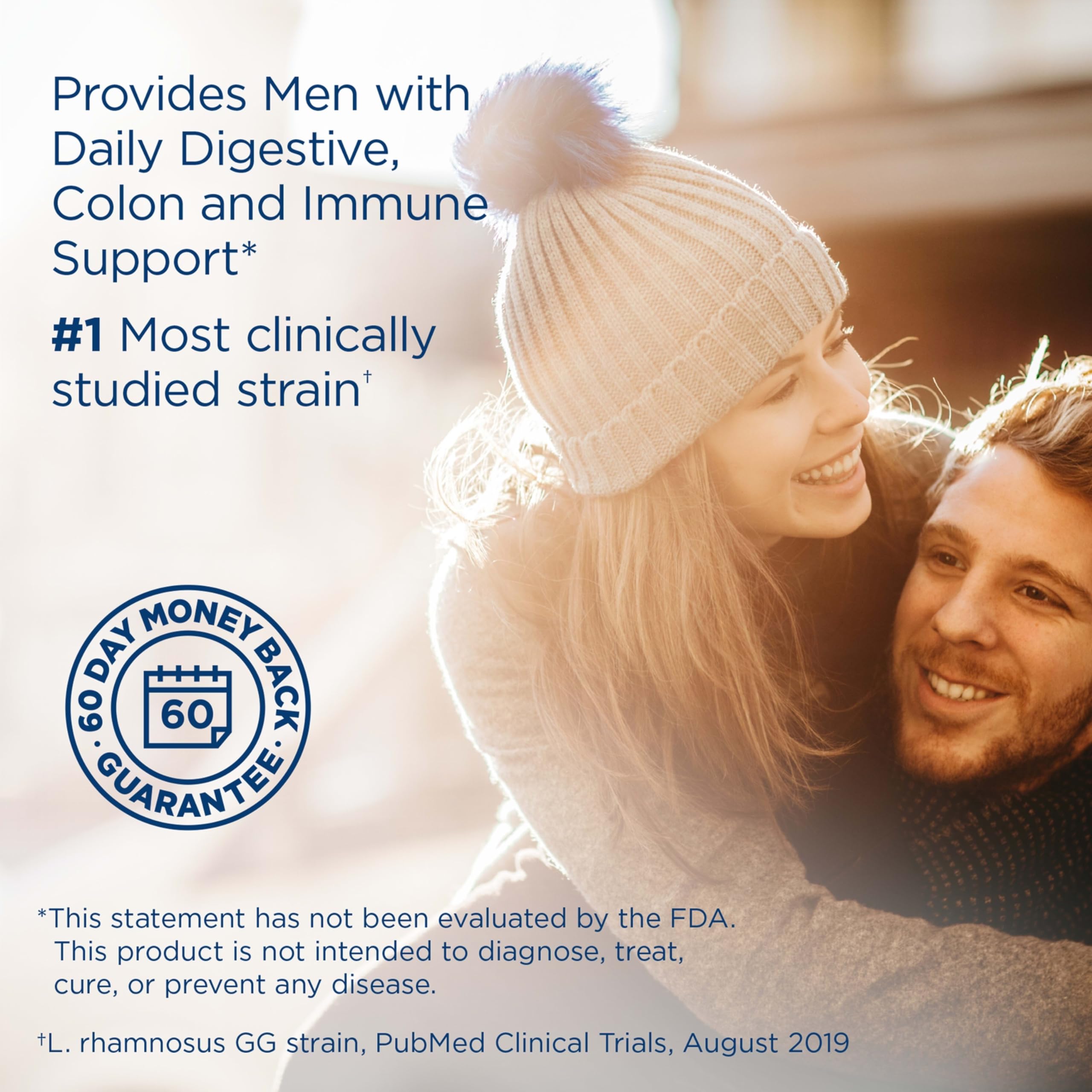 Renew Life Men's Care capsules close-up indicating potent probiotic blend for digestion.