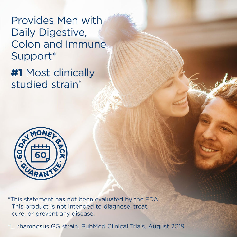 Renew Life Men's Care capsules close-up indicating potent probiotic blend for digestion.