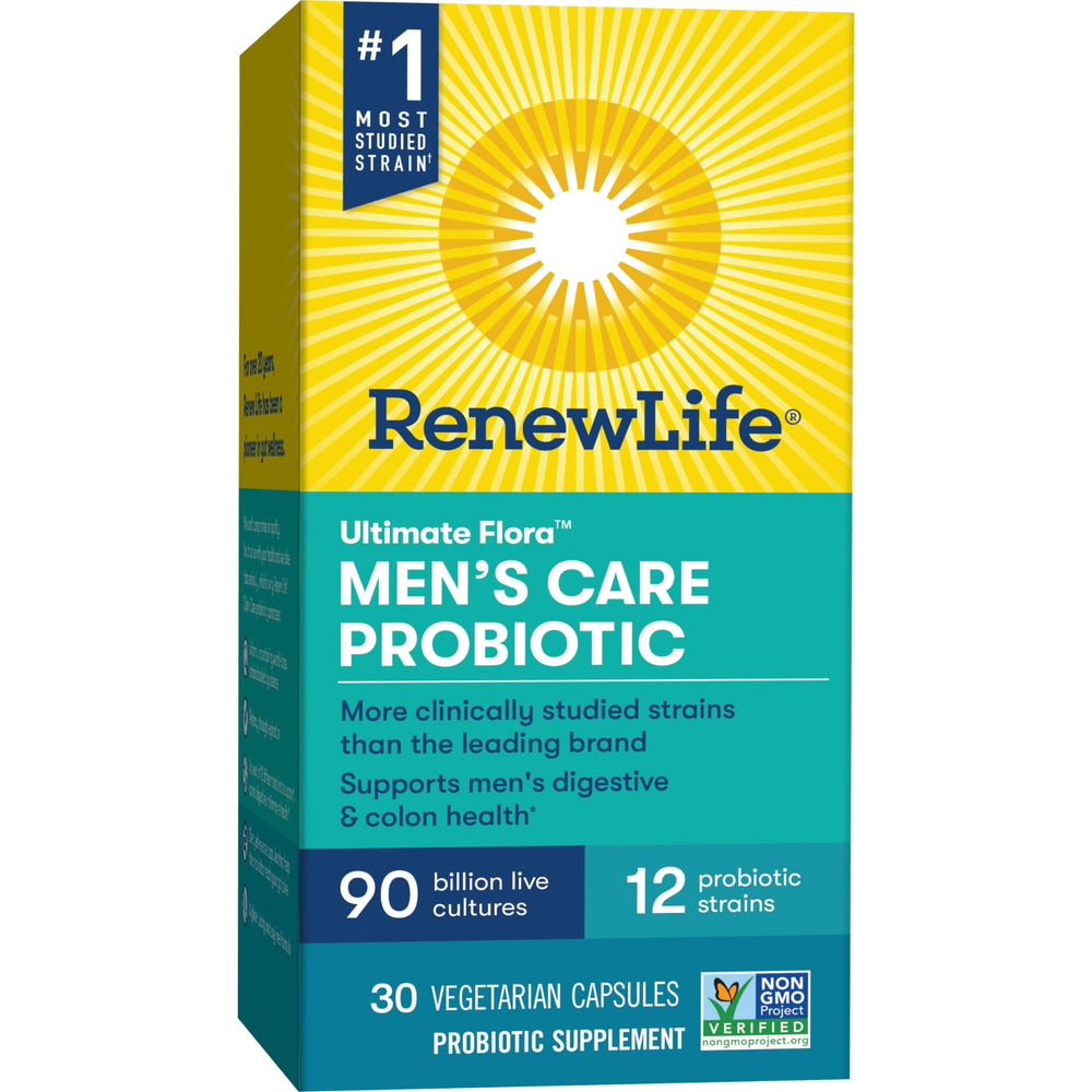 Renew Life Men's Care packaging view showcasing a 30-count bottle.