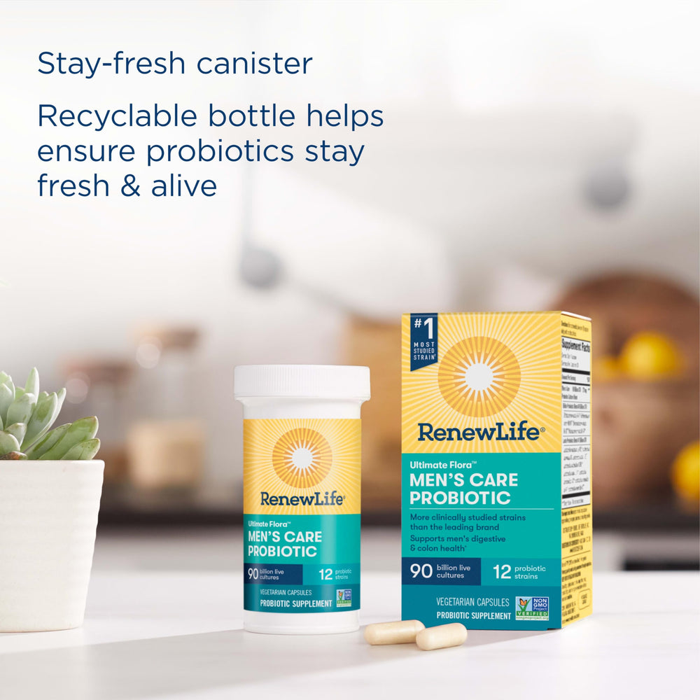 Renew Life Men's Care bottle storage note about refrigeration and potency.
