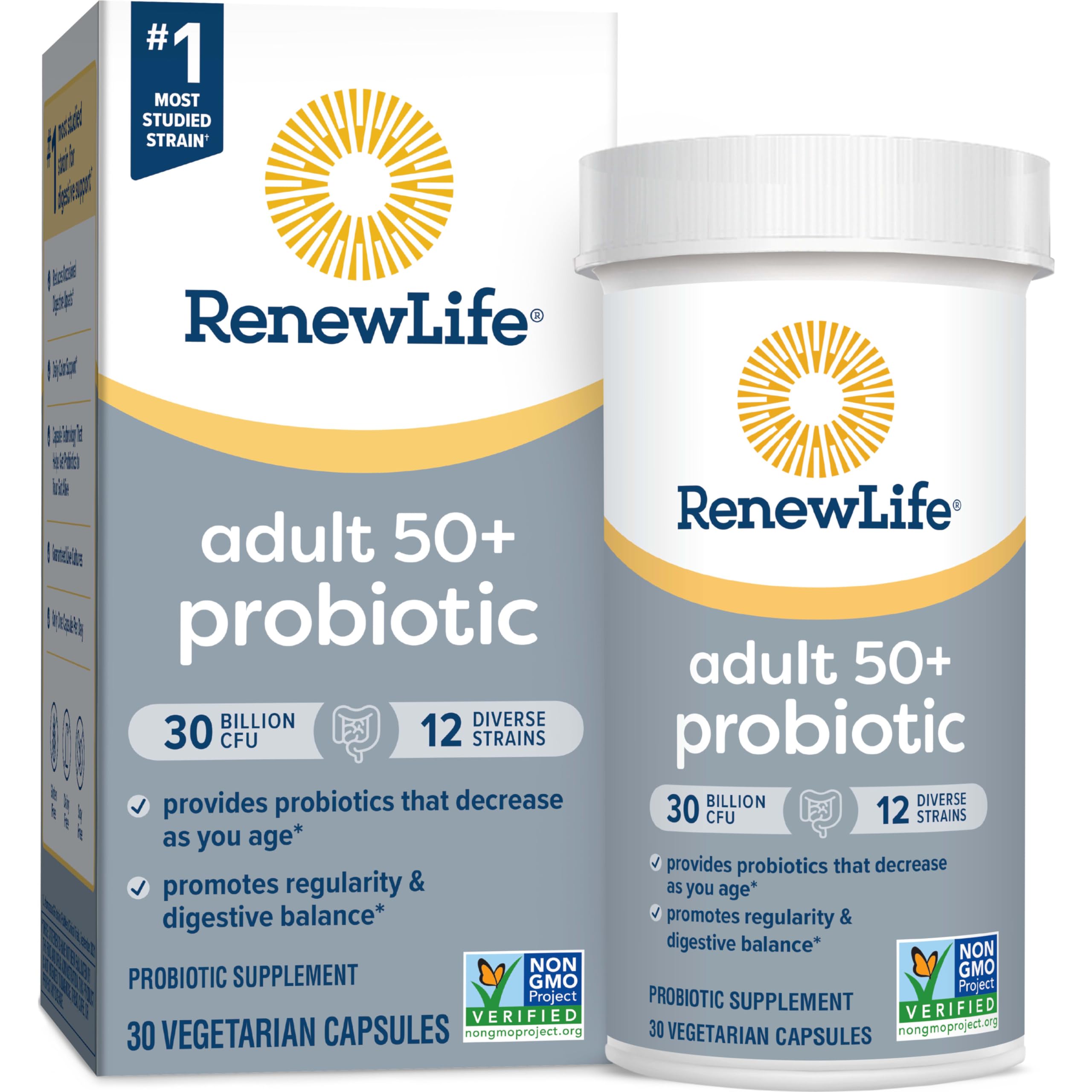 Renew Life Probiotic 50 Plus bottle front showing 30B CFU and 12 strains for daily support