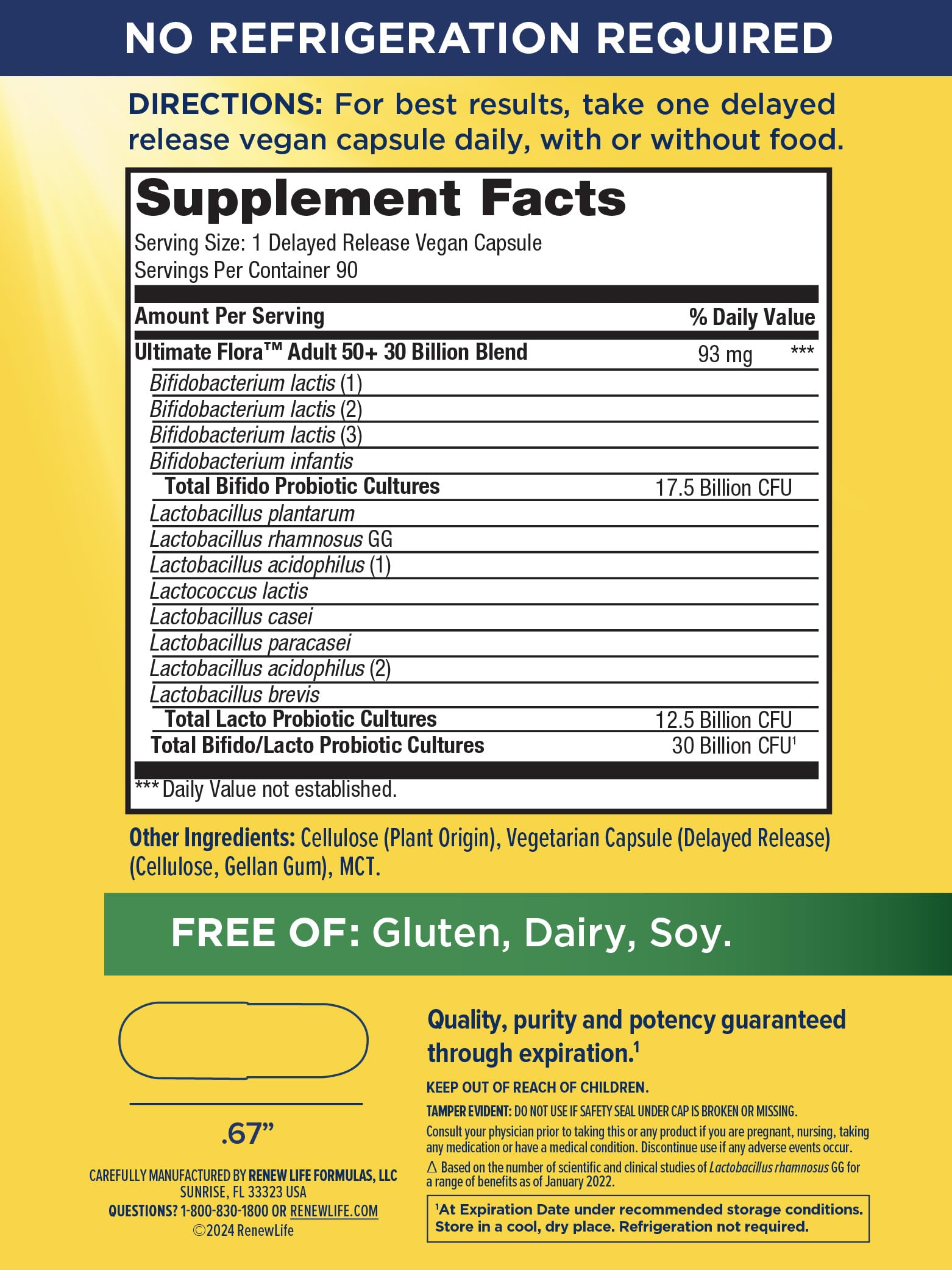Bottle label highlights 30B CFU and 12 strains for Renew Life Probiotic 50 Plus.