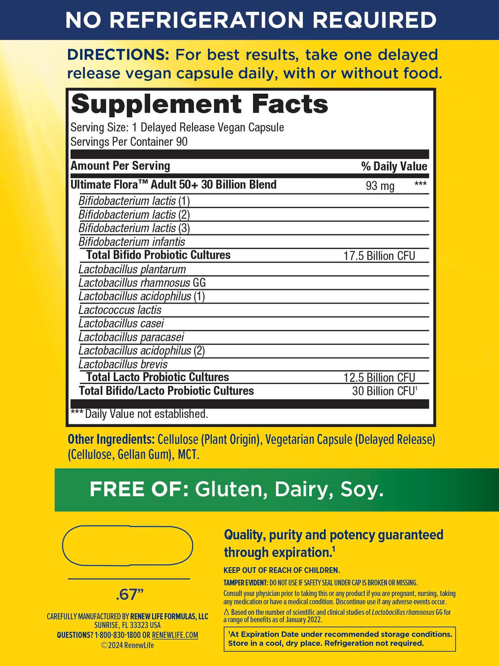 Bottle label highlights 30B CFU and 12 strains for Renew Life Probiotic 50 Plus.