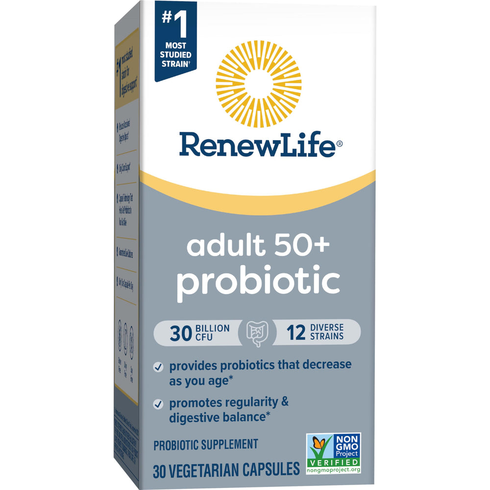 Renew Life Probiotic 50 Plus bottle with glass, suggesting daily hydration and routine use
