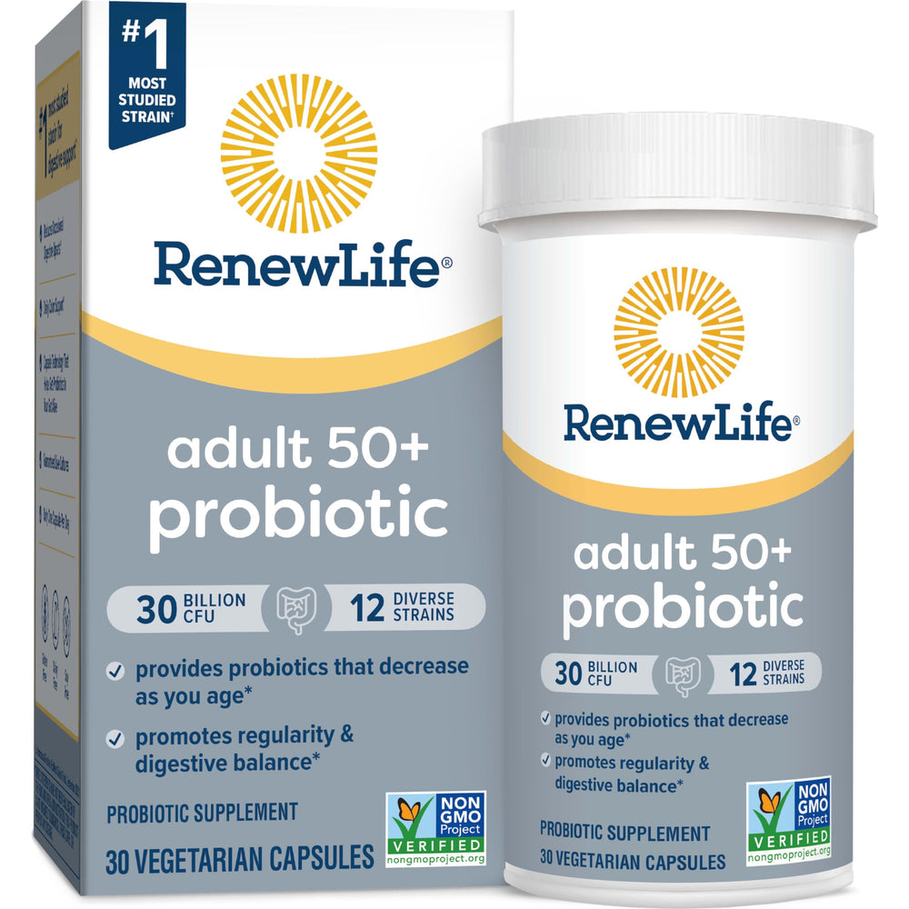 Renew Life Probiotic 50 Plus dairy-free and gluten-free icons visible on packaging