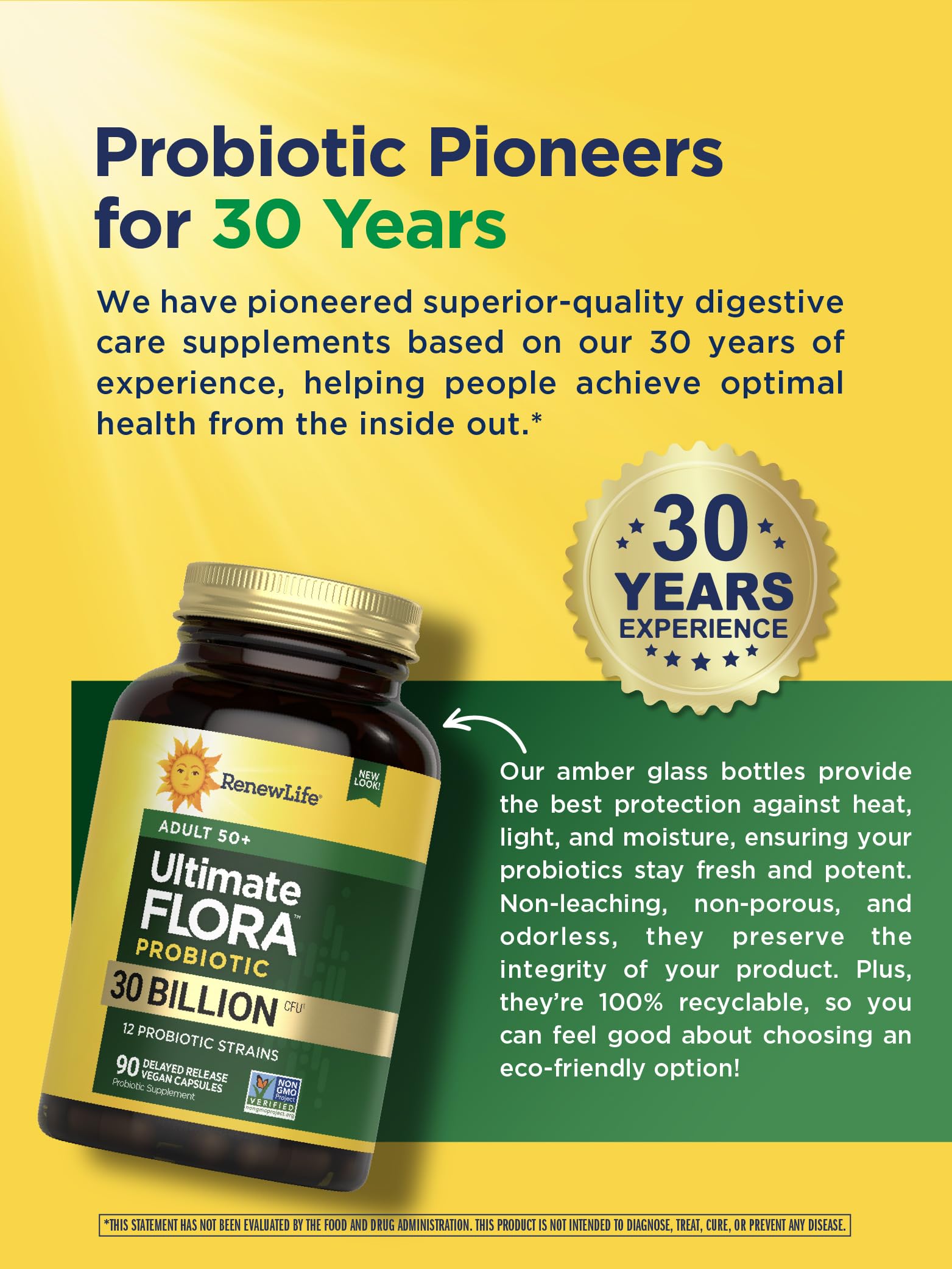 Non-GMO verified seal on Renew Life Probiotic 50 Plus bottle.