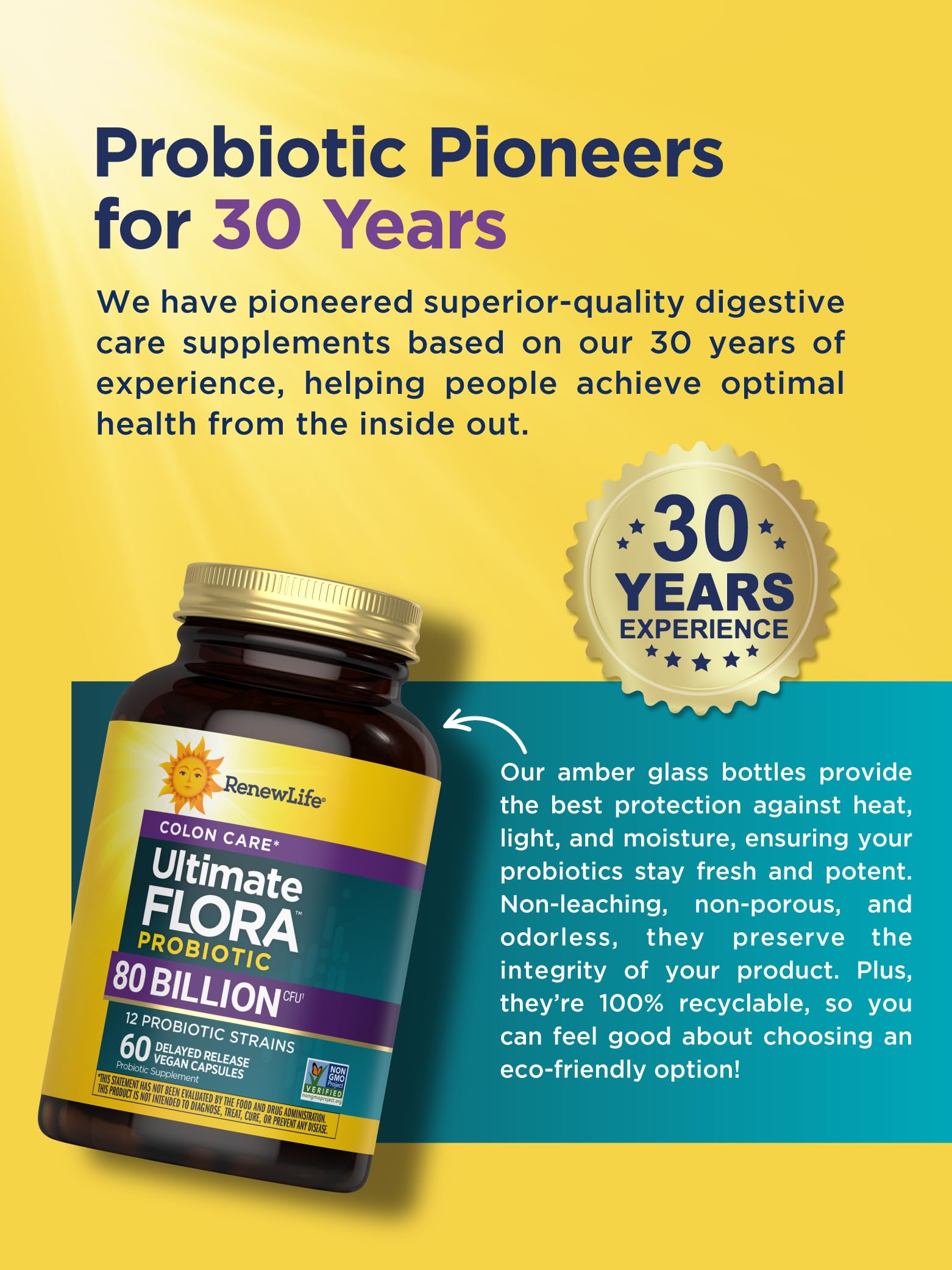 Renew Life probiotic ingredients label showcases gluten-free, dairy-free, soy-free formulation.