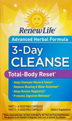 Renew Life Total Body Reset bottle back showing gluten-free and dairy-free attributes.