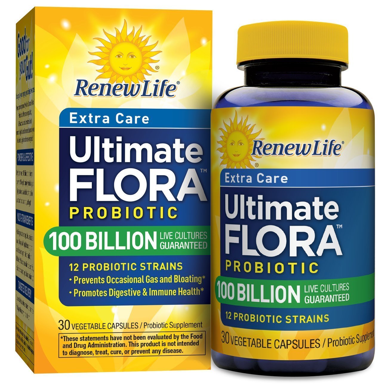 Renew Life Ultimate Care probiotic bottle showing 100B CFU for daily digestive and immune support