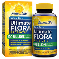 Renew Life Ultimate Care probiotic bottle showing 100B CFU for daily digestive and immune support
