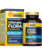 Renew Life Ultimate Flora Men 65 Billion CFU bottle front for daily gut support.