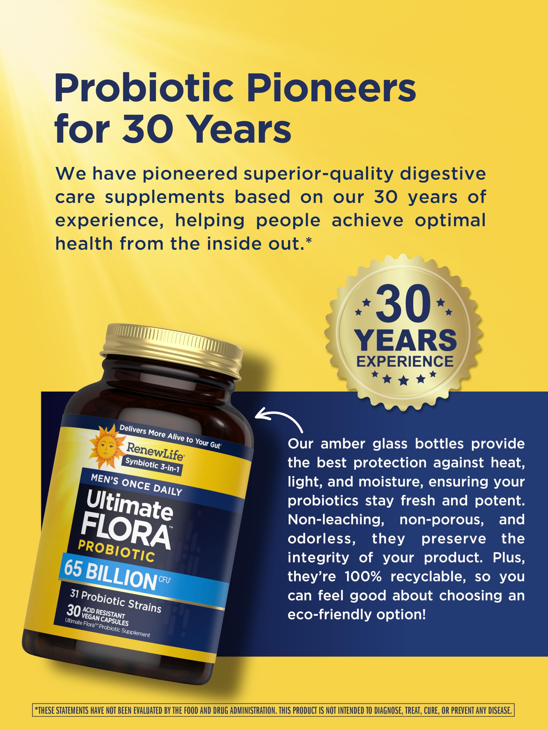 Renew Life Ultimate Flora Men 65 Billion CFU dairy-free formulation for plant-based lifestyles.
