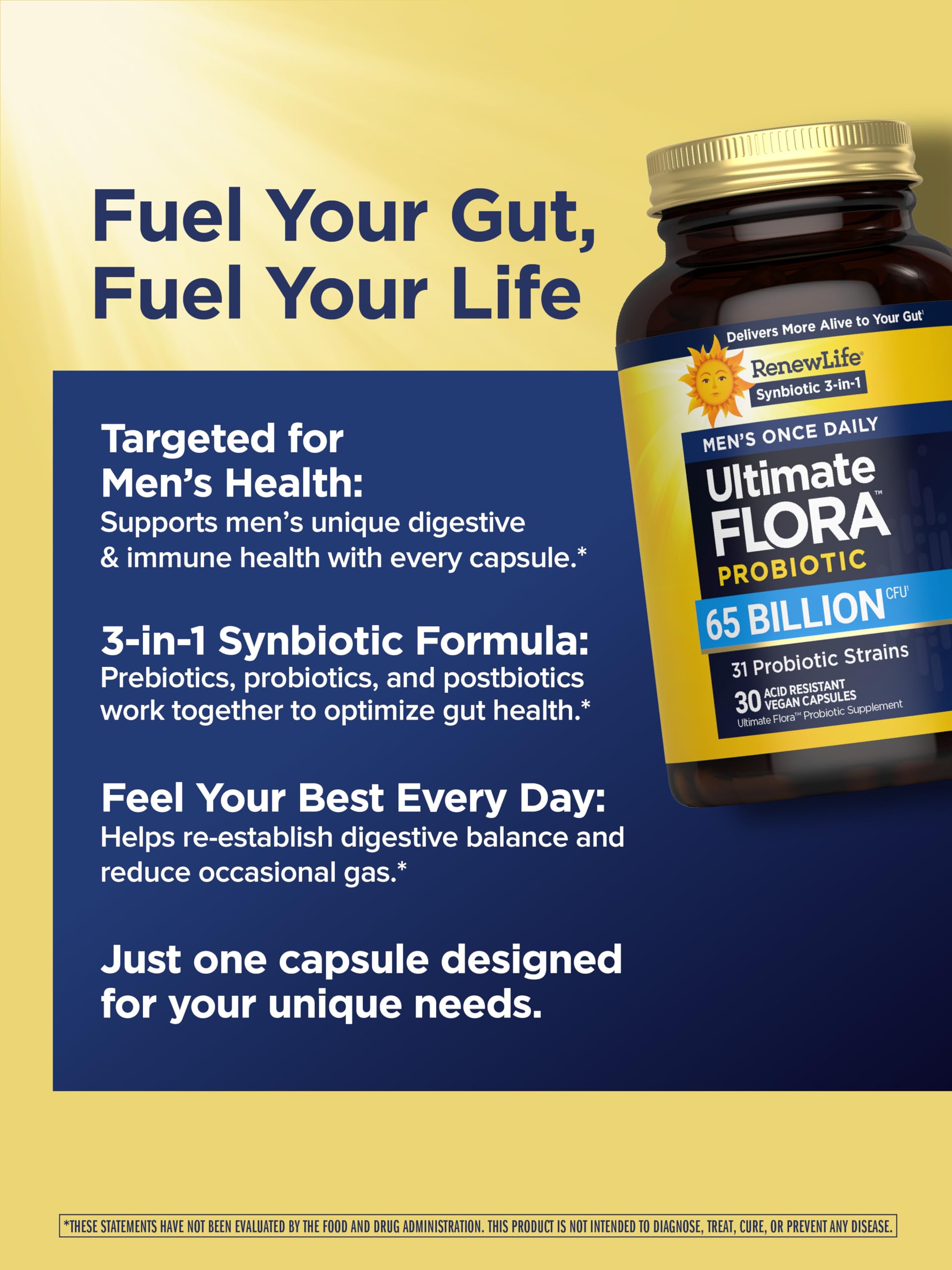 Renew Life Ultimate Flora Men 65 Billion CFU vegan capsules suitable for dairy-free diets.