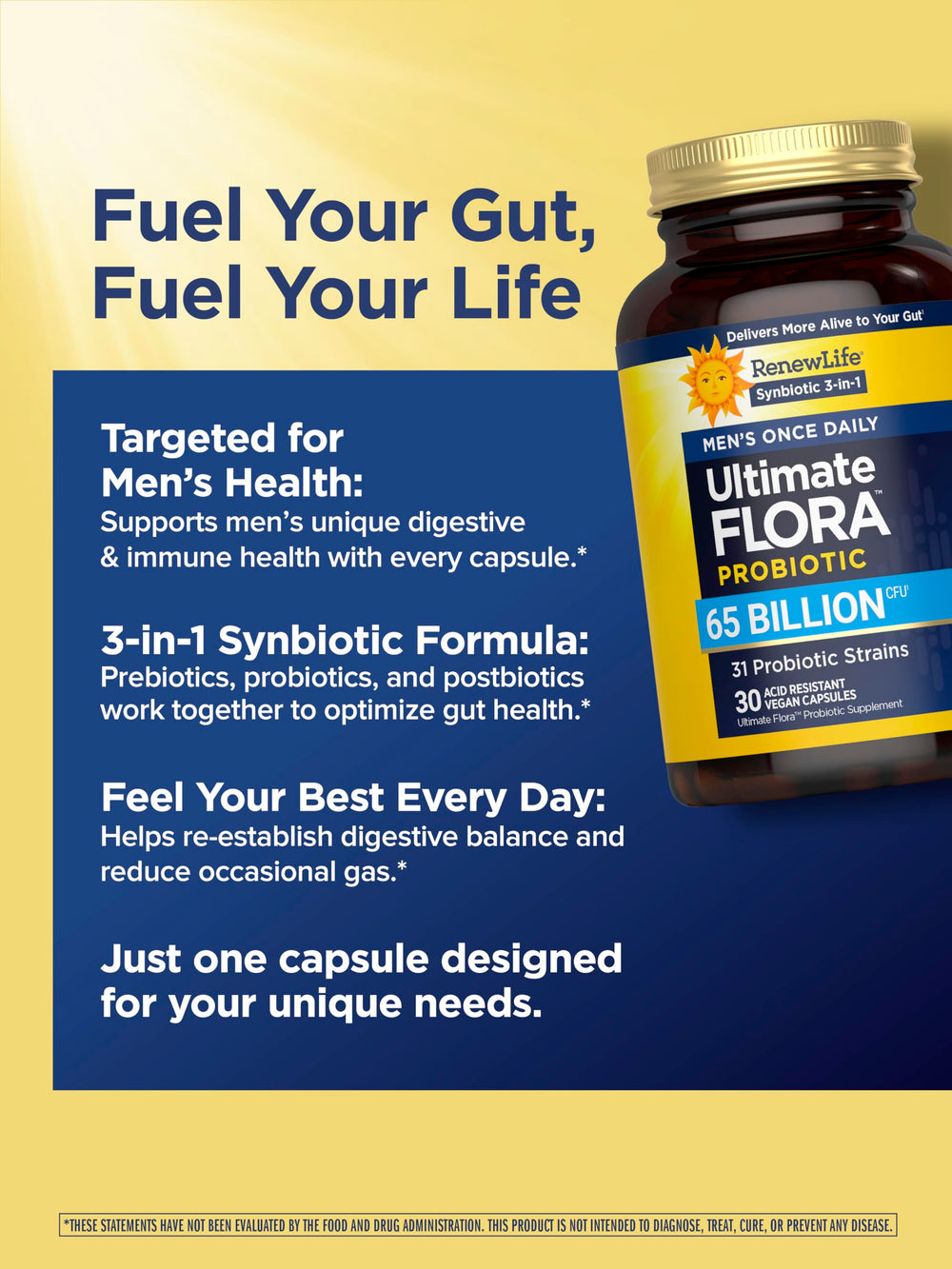 Renew Life Ultimate Flora Men 65 Billion CFU vegan capsules suitable for dairy-free diets.