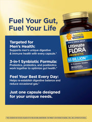 Renew Life Ultimate Flora Men 65 Billion CFU vegan capsules suitable for dairy-free diets.
