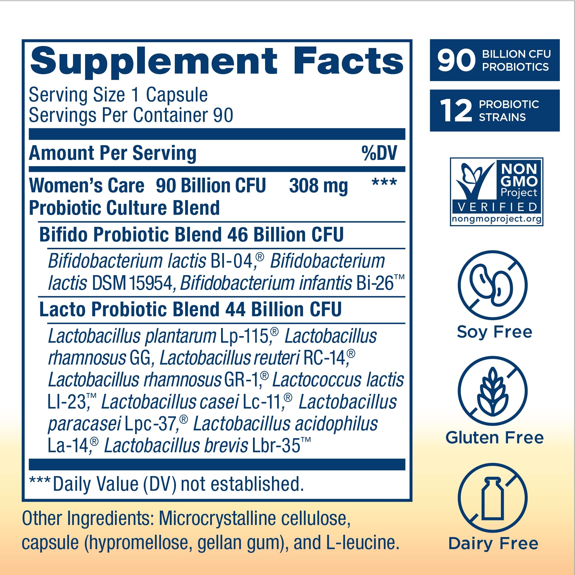 Renew Life bottle back label highlights 12 strains and 25 billion CFU per capsule.