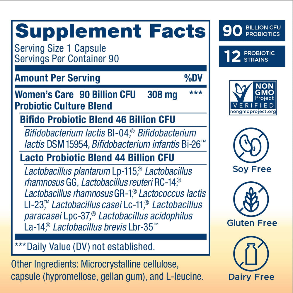 Renew Life bottle back label highlights 12 strains and 25 billion CFU per capsule.