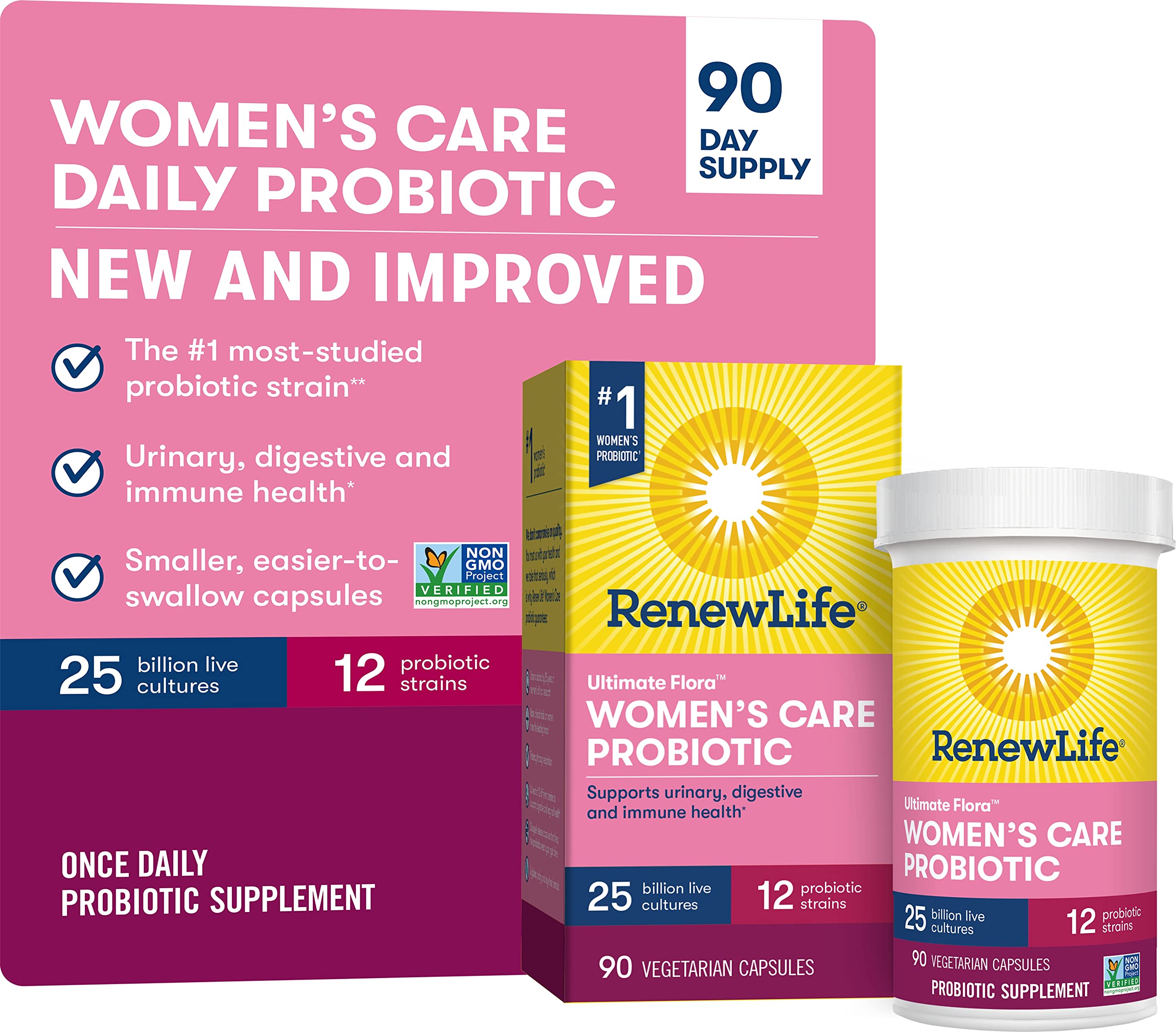 Renew Life Ultimate Flora Women's Care probiotic bottle front view supports daily wellness.