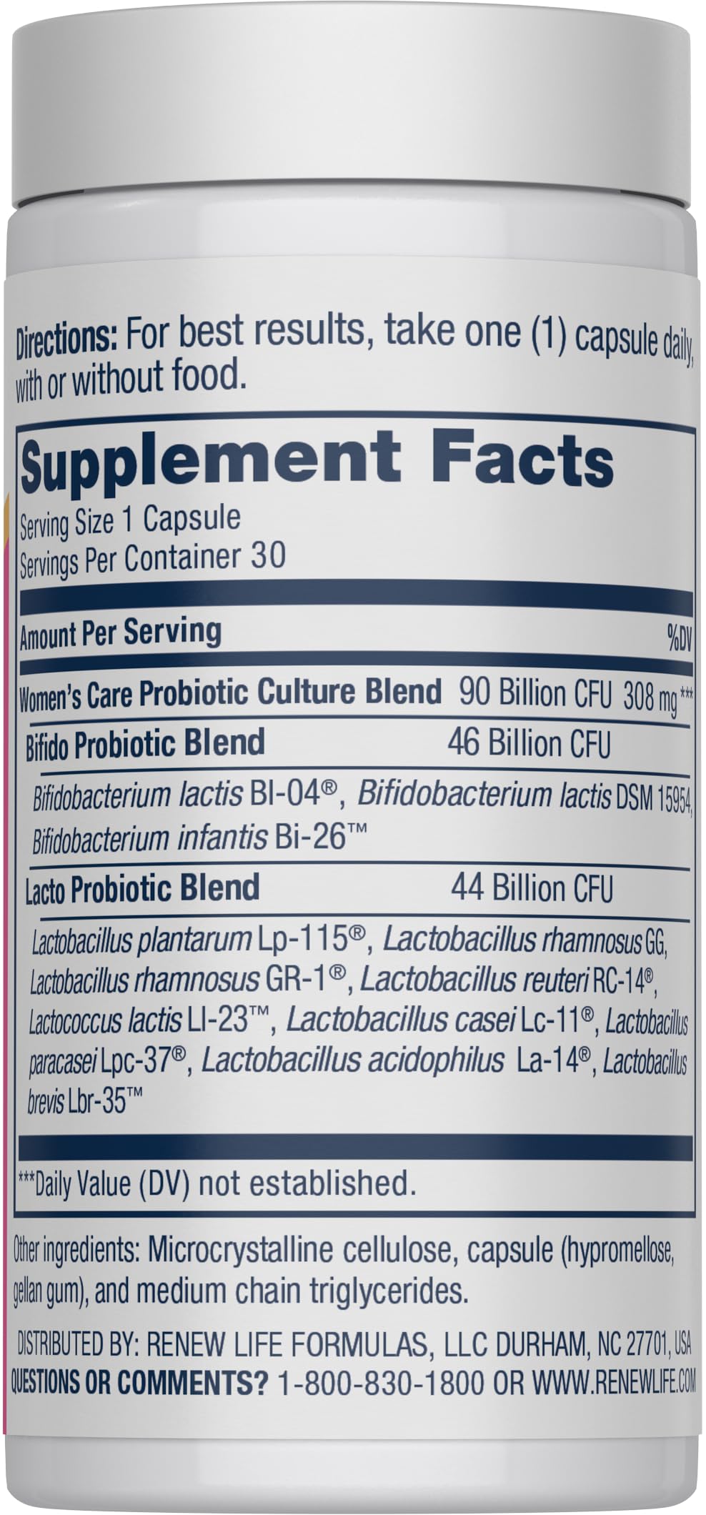 Renew Life Women's Probiotic bottle back label displays 12 strains for diverse gut and immune health benefits