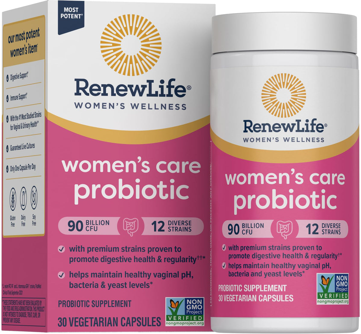 Renew Life Women's Probiotic bottle front highlights 90 Billion CFU for vaginal, urinary, and digestive support