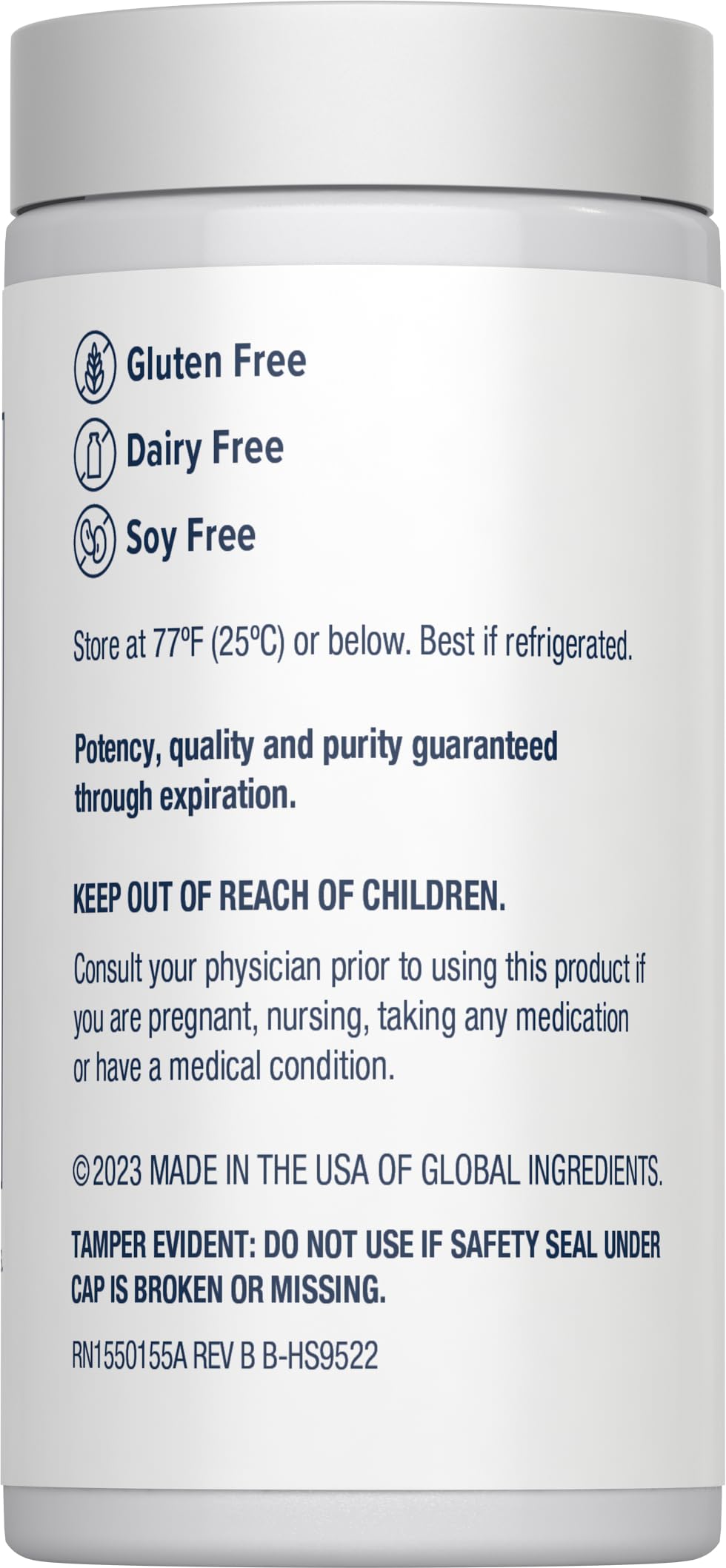 Renew Life label highlights Non-GMO, gluten-free, dairy-free, soy-free