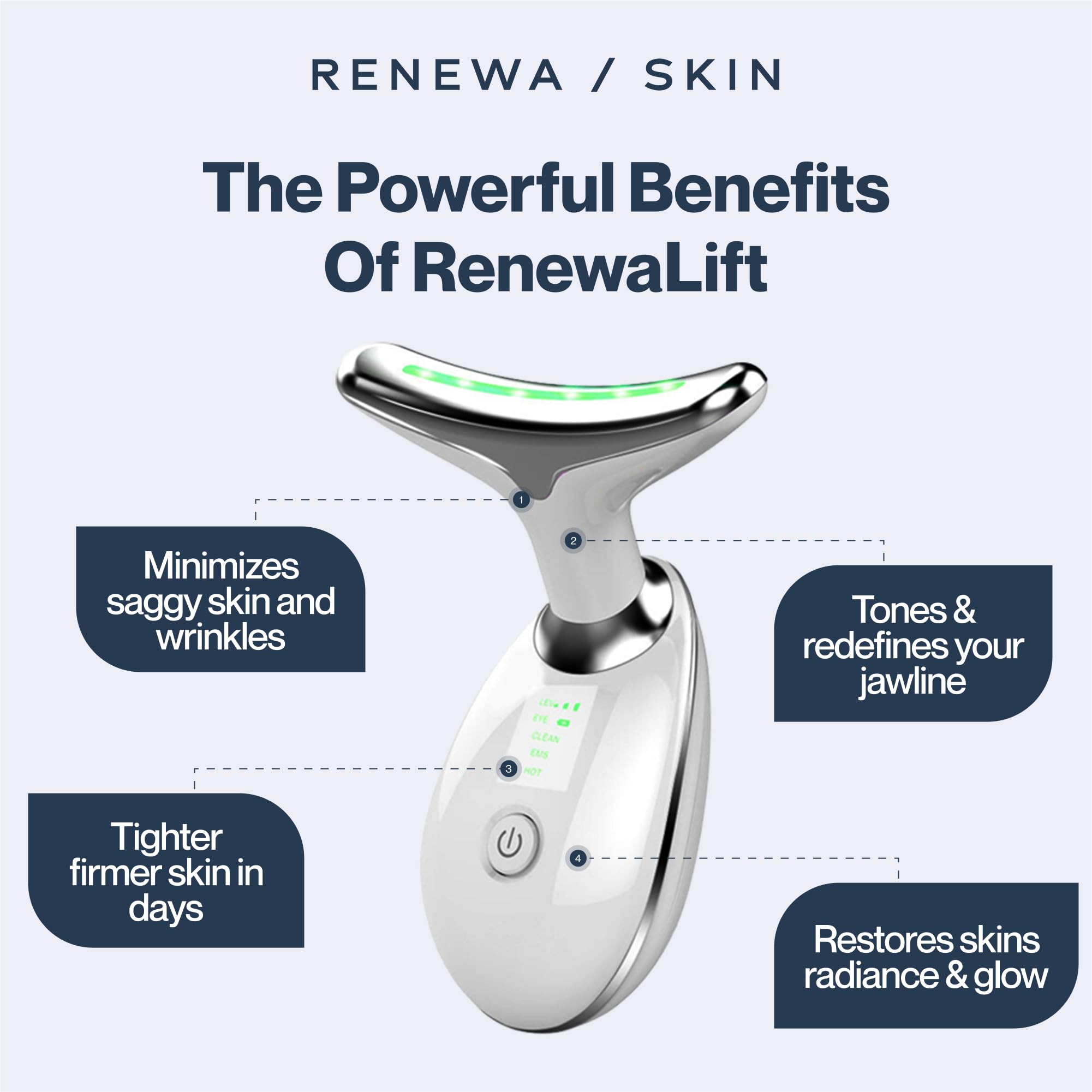 RenewaLift soothing vibration massage improves circulation and reduces puffiness.