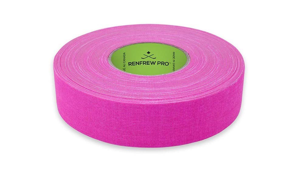Renfrew bright pink hockey tape on blade for enhanced grip and visibility.