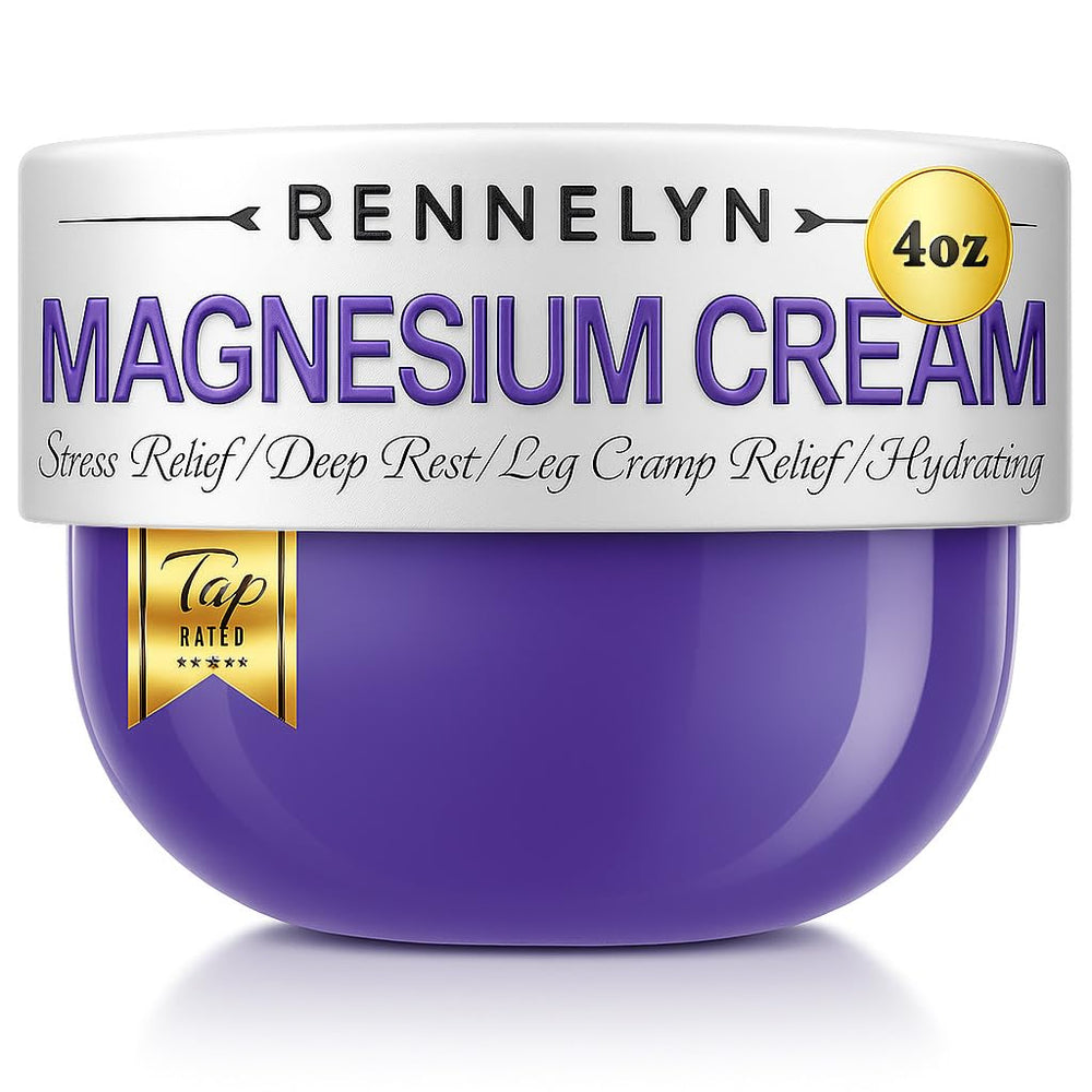 Rennelyn Magnesium Cream bottle shown for leg care and nightly routine.