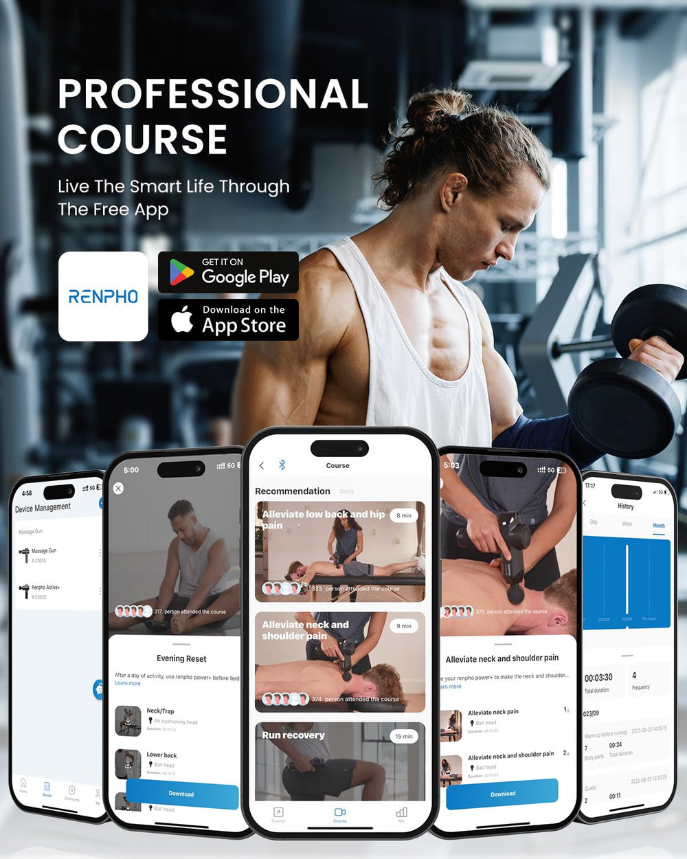 RENPHO massage gun with Bluetooth app for guided routines.