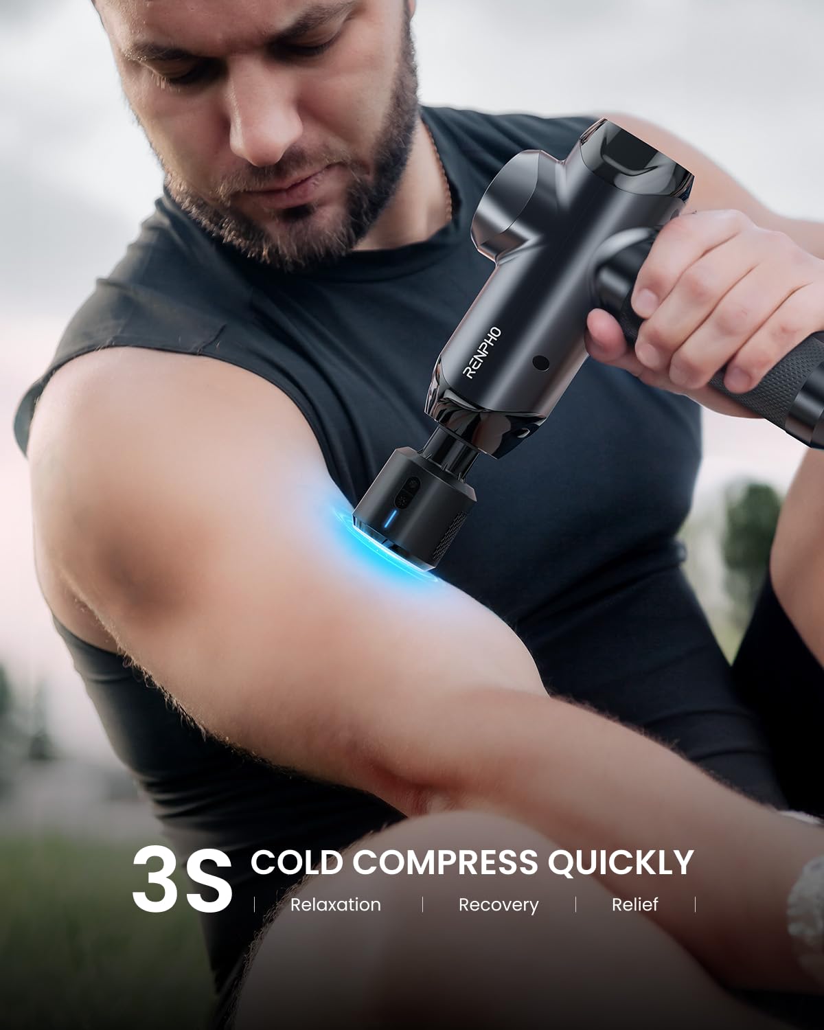 RENPHO massage gun LED display showing speed and battery status.