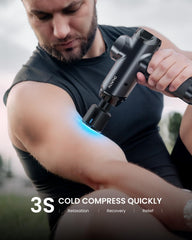 RENPHO massage gun LED display showing speed and battery status.
