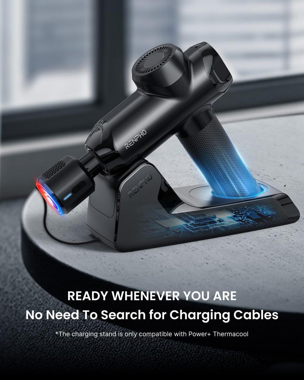 RENPHO massage gun with charging stand, ready for easy storage and use.