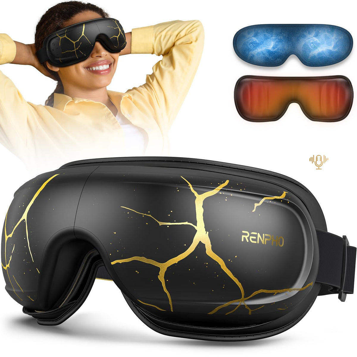 RENPHO Eye Massager front view showing heat and cooling for soothing relief.