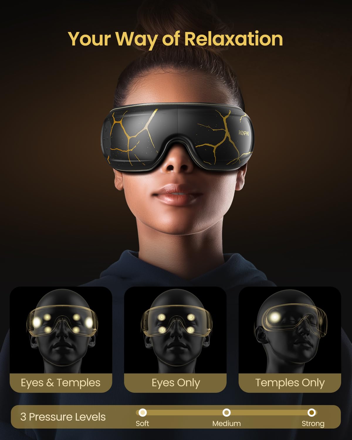 RENPHO Eye Massager adjustable heat settings for customizable warmth.