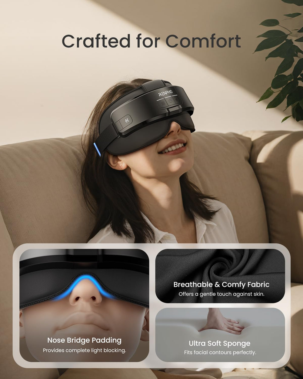 RENPHO Eyeris Massager Bluetooth option lets you enjoy audio during sessions.