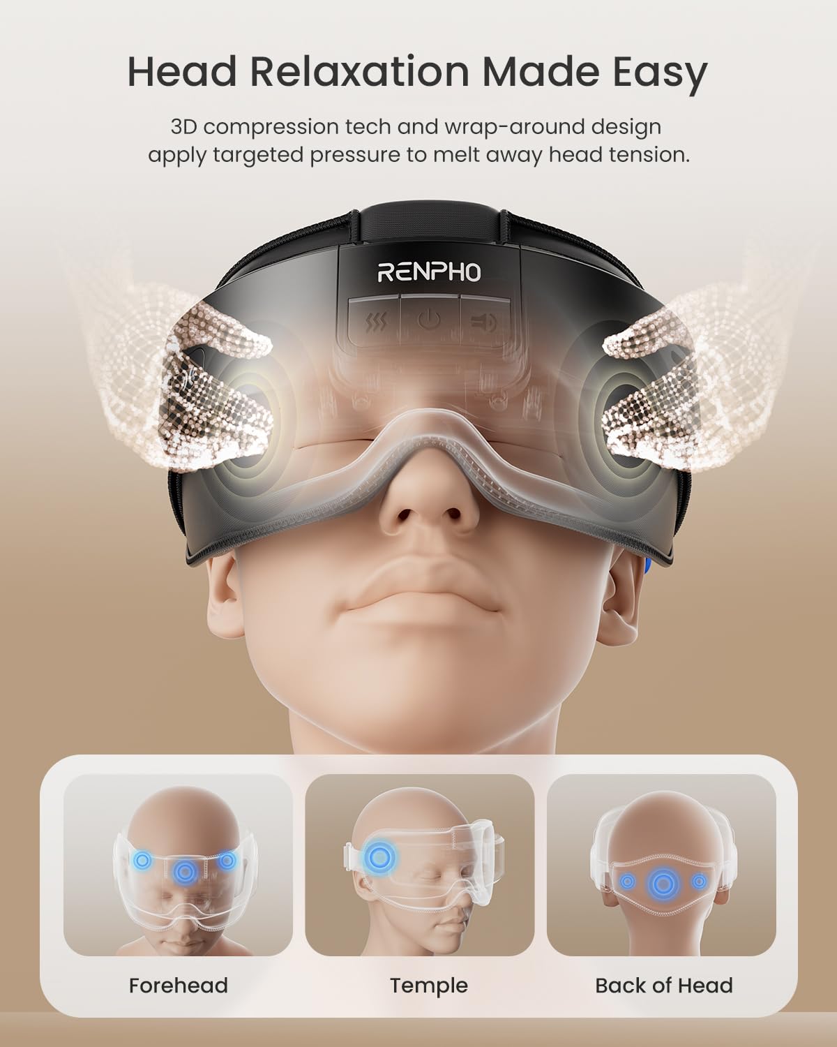 RENPHO Eyeris Massager heat settings illustrate soothing warmth for tired eyes.