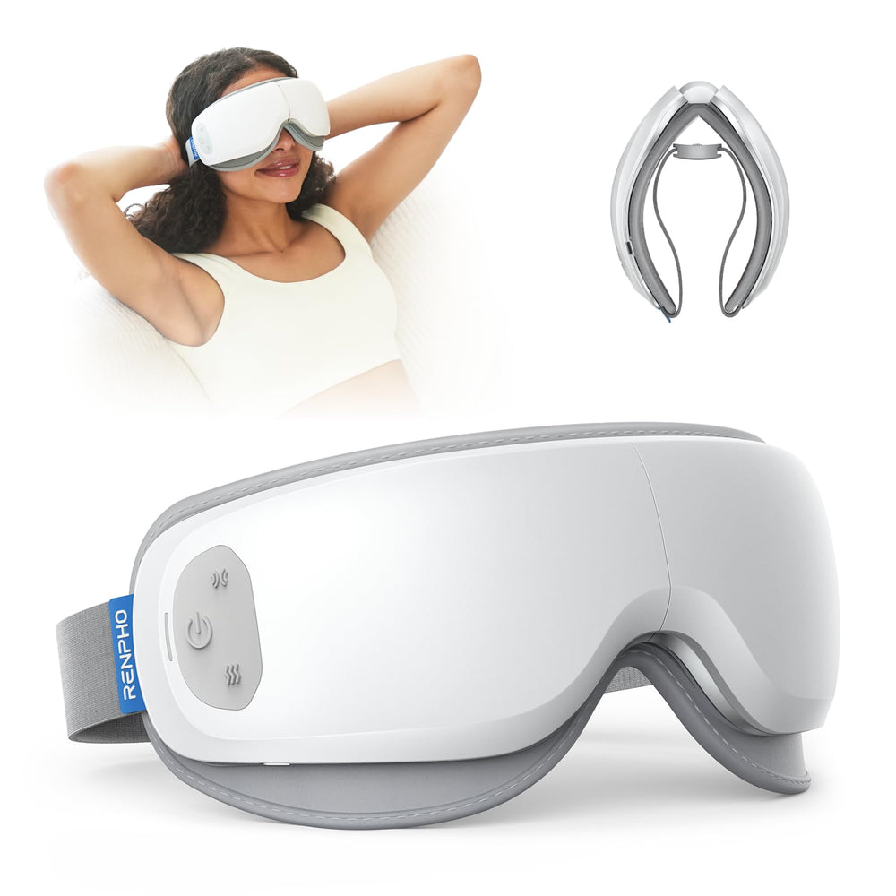 RENPHO Eye Massager Zen worn in use for silent, relaxing relief after screen time