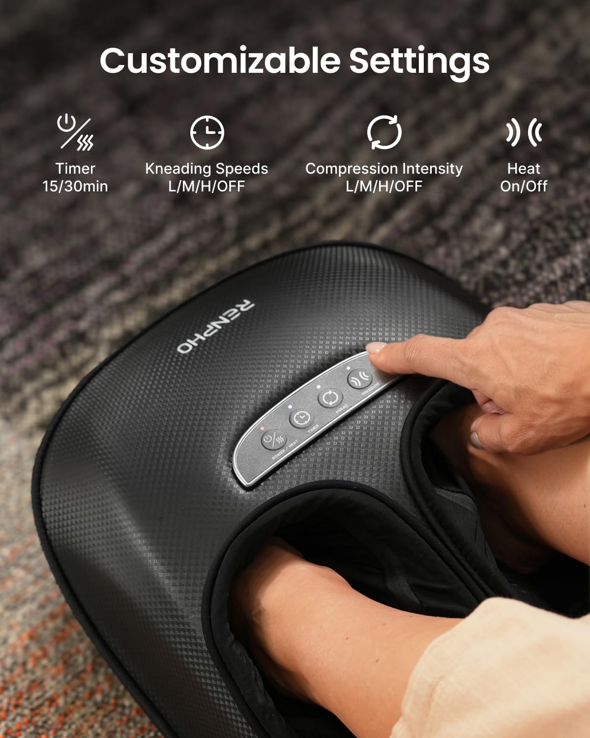 RENPHO Foot Massager highlights deep kneading in two speeds and directions.
